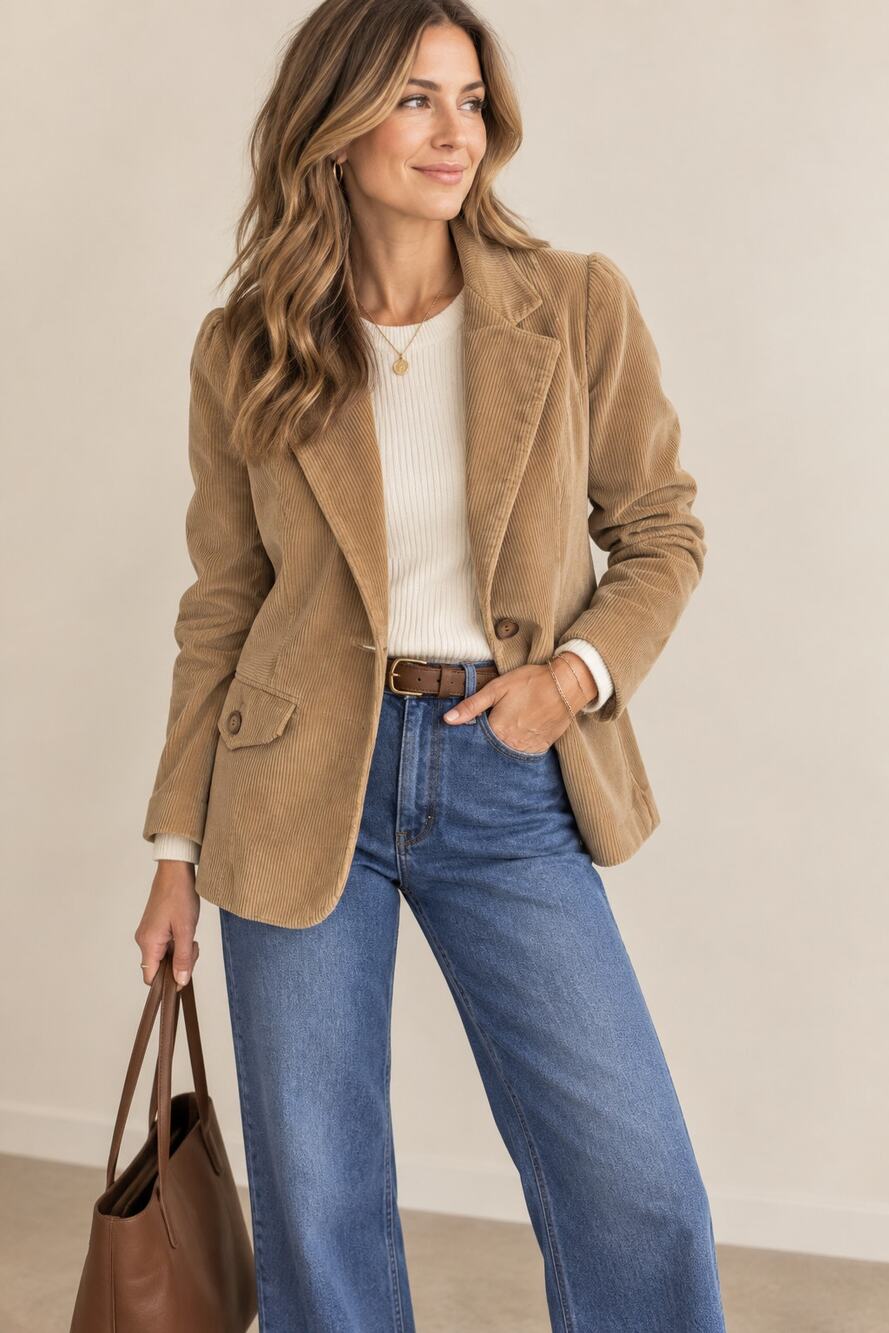 Women’s Tan Corduroy Blazer Size S Single Button Tailored Jacket